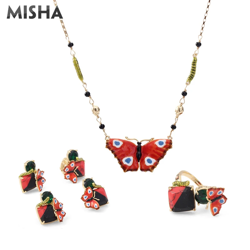 MISHA, Модные Ювелирные наборы для женщин, ожерелье, серьги, открытые кольца, ручная работа, эмалированная глазурь, Бабочка, дизайн, подарок на свадьбу, вечеринку, L756