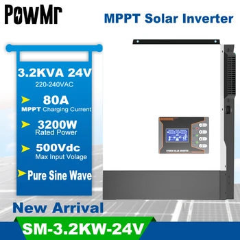 PowMr-inversor Solar híbrido de 3,2 kW, controlador de carga Solar MPPT de 80A de onda sinusoidal pura, 24V, 220V, compatible con batería de litio nueva 1