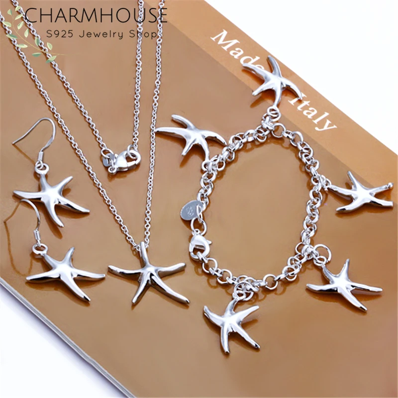 Charmhouse Pure Silver Jewellery Sets For Women Sea Star Earrings Necklace Bracelet 3pcs Wedding Jewelry Accessory Party Gifts | Украшения