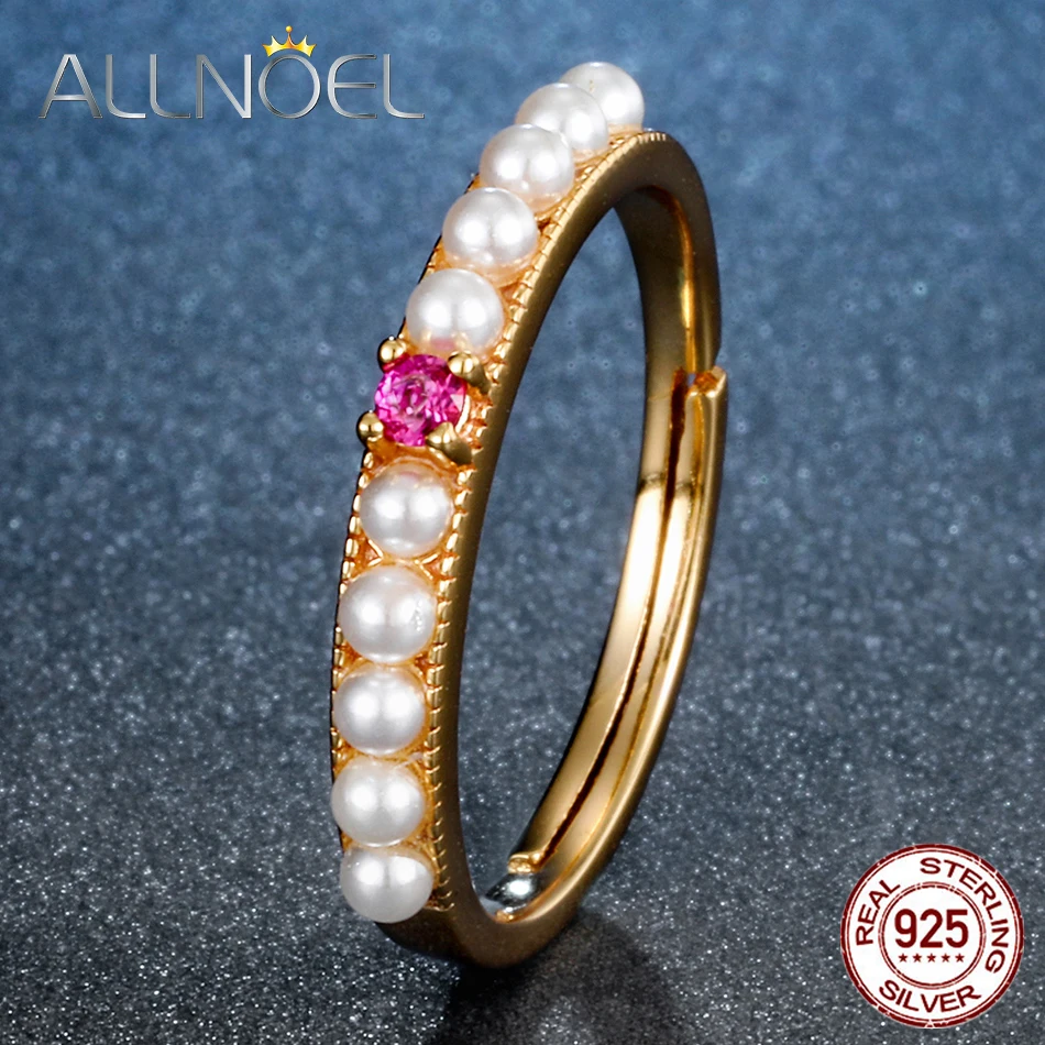 ALLNOEL 925 пробы серебряные кольца с жемчугом красный корунд драгоценный камень 9 к позолоченные винтажные дизайнерские Роскошные ювелирные изделия для женщин