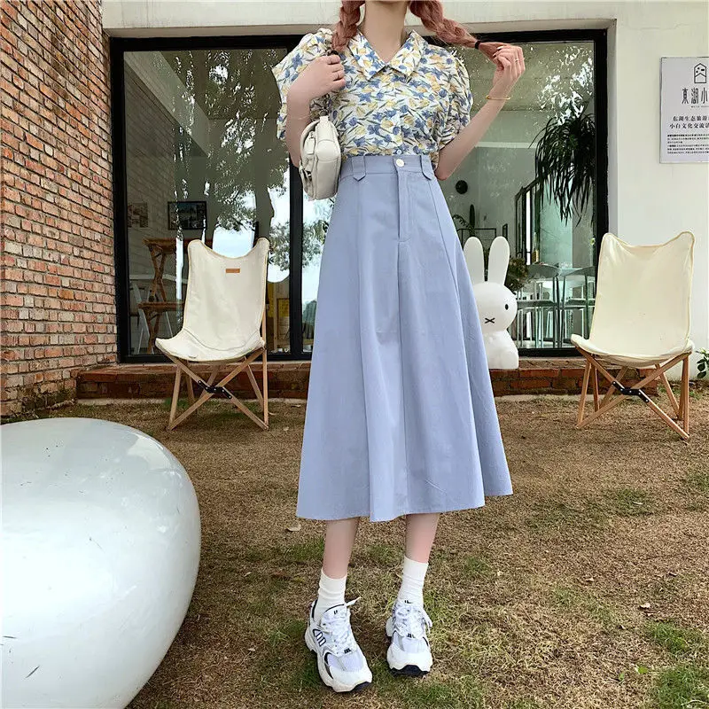 Korean Elegant Skirt for Women Summer Casual A-Line Kawaii Midi Skirt Female Designer Solid High Waist Fit Chic Sweet Skirt 2021 black midi skirt