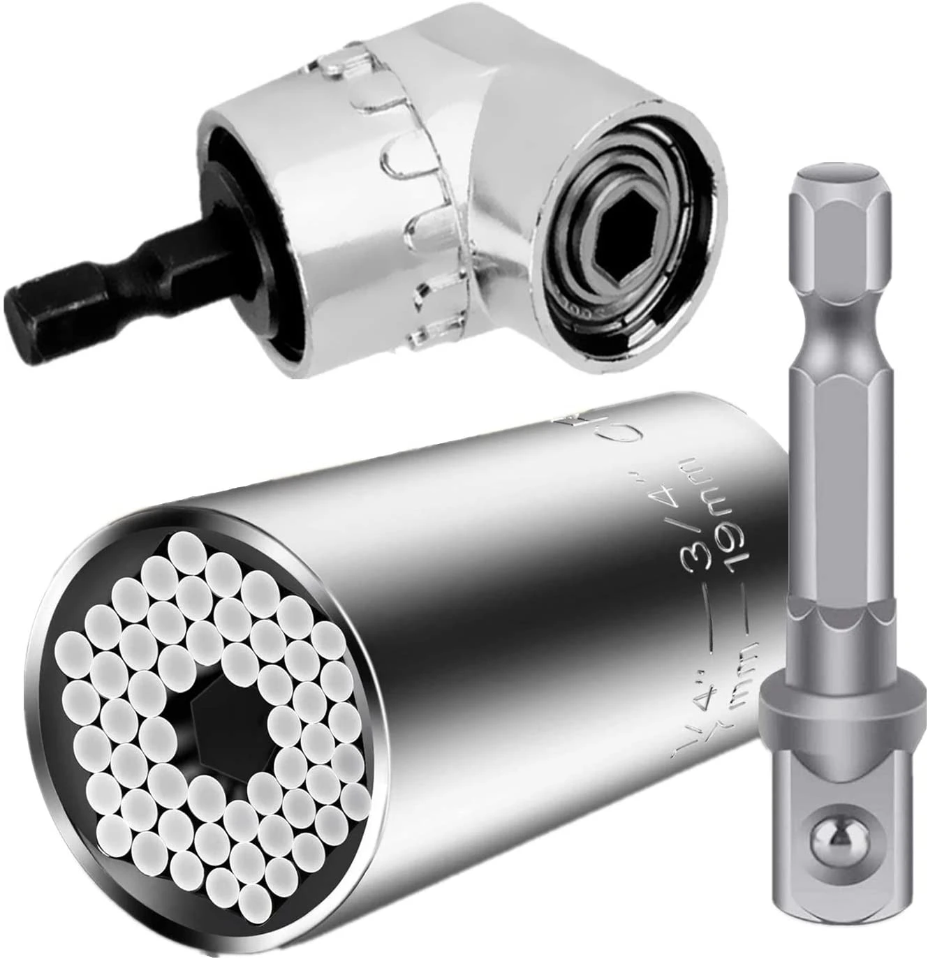 3Pcs set 7mm 19mm Universal Socket + 105 degree Right Angle Drill + 50mm Drill adaptorSockets