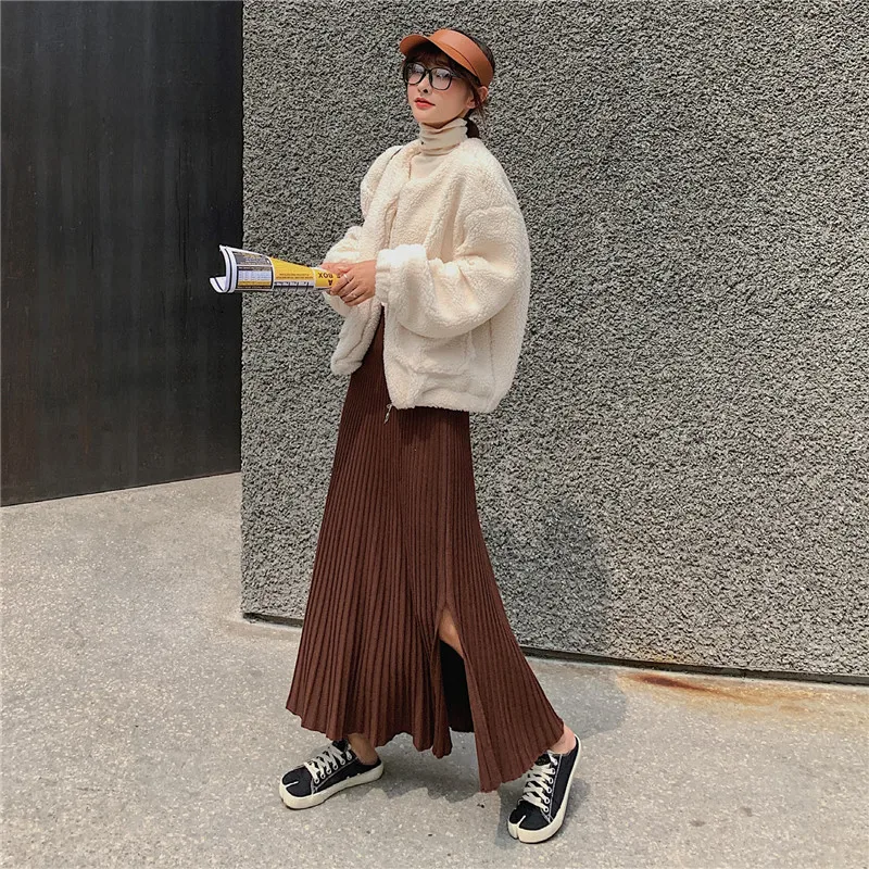 New Women's High Waist Long Winter Skirts High Waist Solid Color Split Pleated Skirt Female Knitted Warm Maxi Skirt Saia Faldas