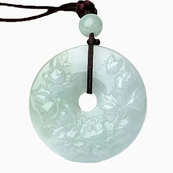 

Burma Jadetite Jewelry Drop Shipping Jade Pendant Hand Carved Safety Button Jade Stone Necklace Peony Flower Sweater Chain
