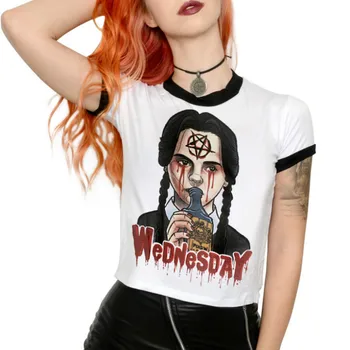 

Women Crop Top T shirt Girl Party Tshirt Bustier Slim Fit Clothes Streetwear Clothing Wednesday Adams Family Satan Gothic