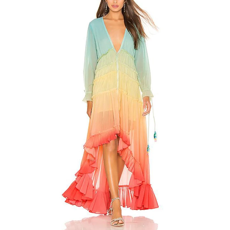 

Women Dress Summer Autumn Holiday Beach Deep V-Neck Long Sleeve Boho Fashion Casual Plus Size Ladies Dresses