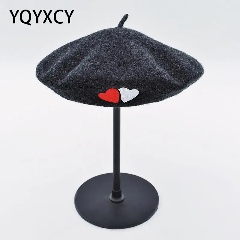 

YQYXCY Winter Hats For Women Wool Beret Boina Feminina Embroidered Heart Autumn Artist Painter Beret Flat Cap Gorras Warm Beanie