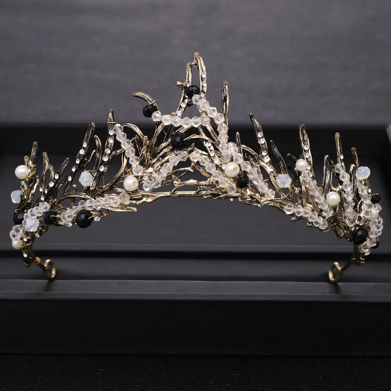 

Vintage Handmade Beading Black Gold Bride Crown Queen Wedding taira Bridal Headpiece Prom Party Wedding Hair Accessories Jewelry