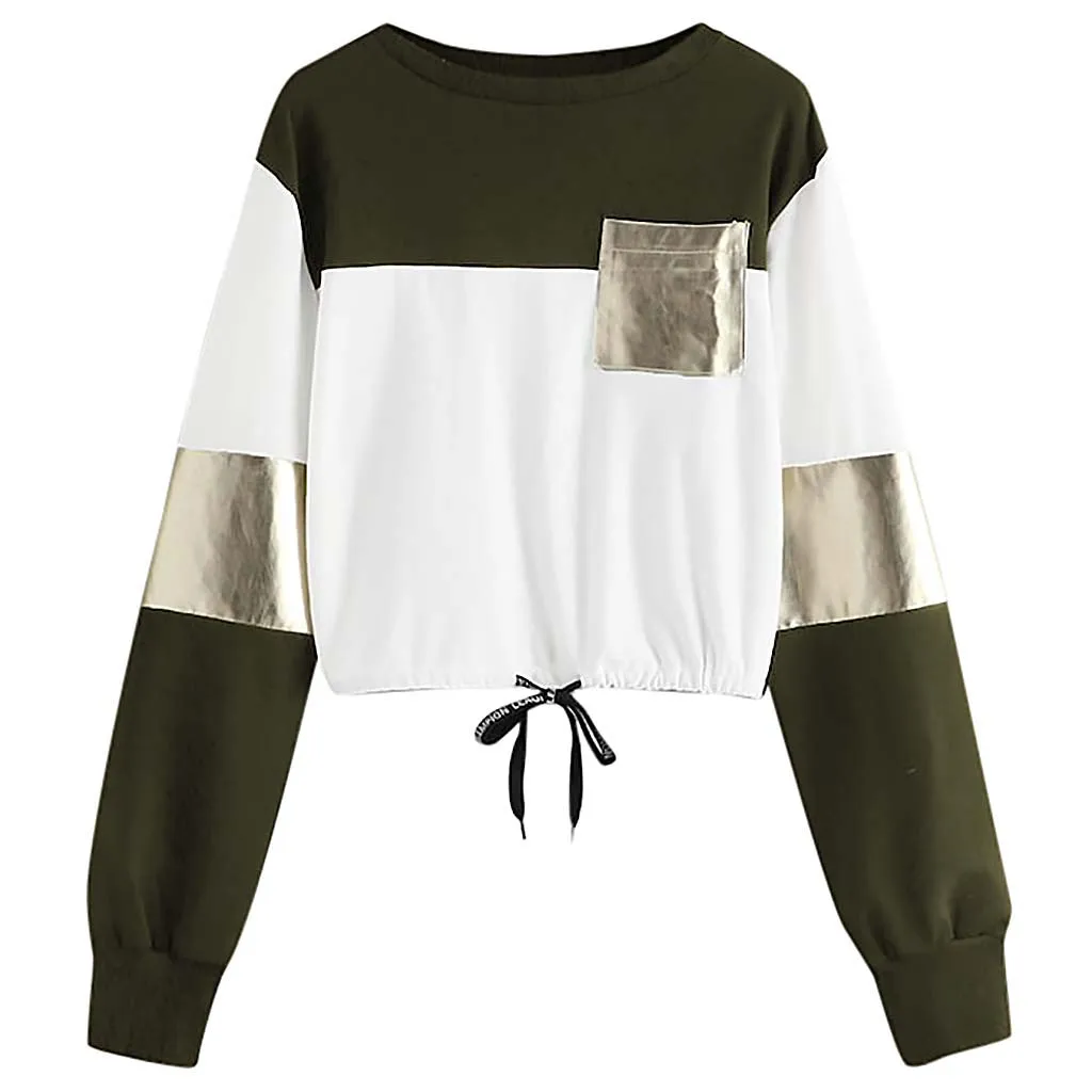 JAYCOSIN Fashion Women Casual O-Neck Sweatshirt Long Sleeve Bandage Patchwork Pocket Unique Elegant Comfortable Soft Chic Blouse