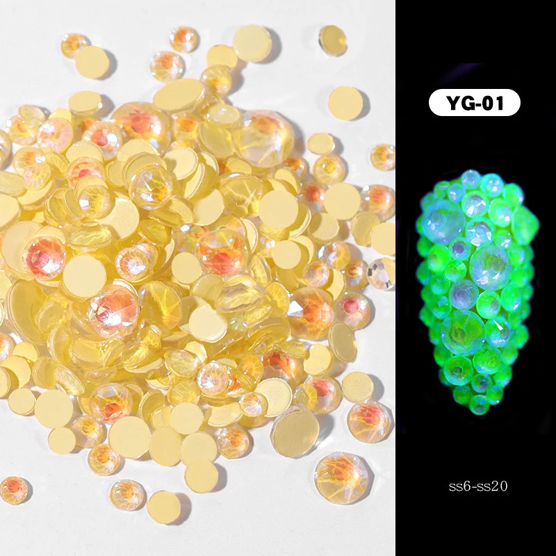 1 упаковка, светящиеся Стразы для ногтей, разные размеры, кристаллы для ногтей, блестящее стекло, 3D Шарм, плоская задняя сторона, стразы, флуоресцентный ноготь, художественные украшения
