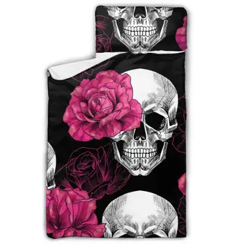

Skulls And Pink Roses Nap Mat with Pillow for Toddler Boys and Girls for Daycare and Preschool Sleepovers and Travels