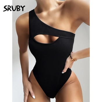 

SRUBY Black One Shoulder Sexy Bodysuit Women Sleeveless Slash Bodycon Rompers Womens Jumpsuit Solid Summer BodySuit beach wear