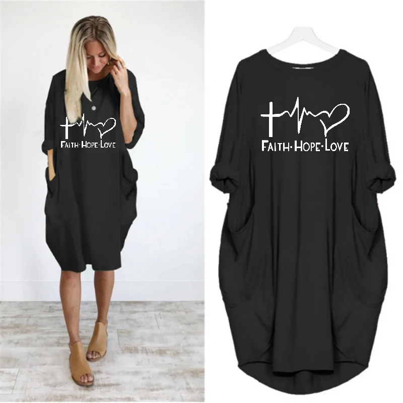 Casual Loose Dresses Women Long Sleeve Autumn Spring Loose Dress Female Plus Size Pockets Print Party Dress Vestidos De Fiesta