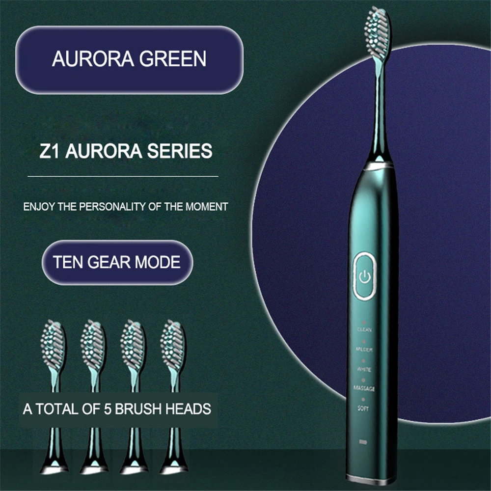 Automatic Sonic Electric Toothbrush 10 Modes USB Rechargeable Ultrasonic Teeth Brush for Adult 5/10pcs Replacement Heads Set