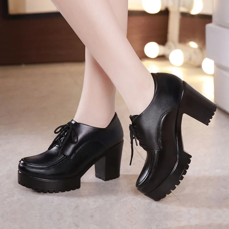Plus Size 32-43 Block Heels Leather Shoes Deep Pumps Women Oxford Shoe 2022 Fall Winter High Heel Shoes with Fur  Platform Shoes