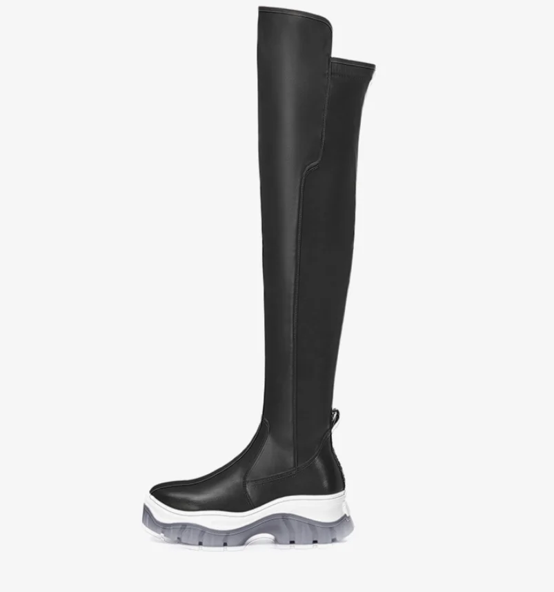 Womens Round Toe Over The Knee Thigh Long Boots Genuine Leather High Heel Side Zipper Black Shoes New Arrival