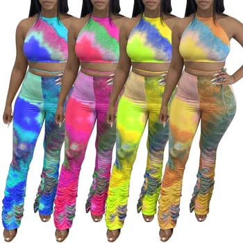 

Women 2 Piece Tie Dye Outfits Sets, Halter Open Back Cami Top + Ruched Long Flared Pant Clubwear Party Costume
