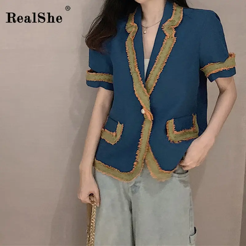 

RealShe 2019 Spring Blazer Women Notched Short Sleeve Pockets Buttons Solid Blazers Ladies Autumn Winter Elegant Coat Women Tops