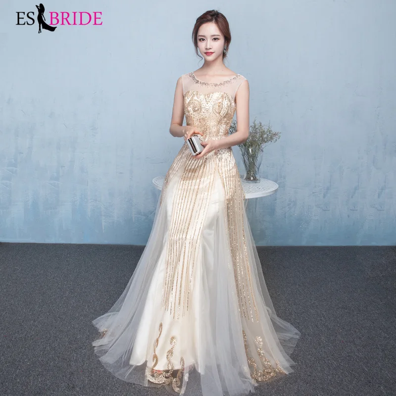 

ES2736 Evening Dresses Long O-Neck A-Line Sleeveless Sexy Appliques Sequined Elegant Women Evening Gowns Robe De Soiree 2019
