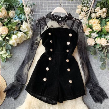 

Fitaylor Two Piece Outfits Lace Tulle Pullover Flare Sleeve Tops + Shorts Jumpsuits 2 Piece Set Female Velvet Button Clothes