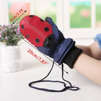 

Toddler Kids Cute Ladybird Dot Print Winter Gloves with String Thicken Plush Lined Contrast Color Snow Ski Outdoor Warm Mittens