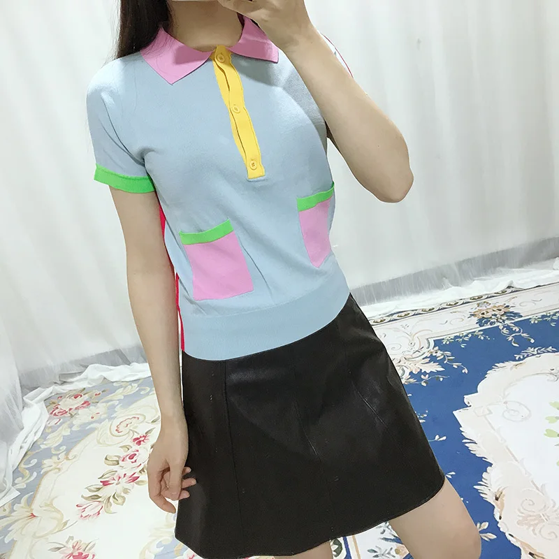 Женская комбинированная футболка с коротким рукавом повседневная трикотажная