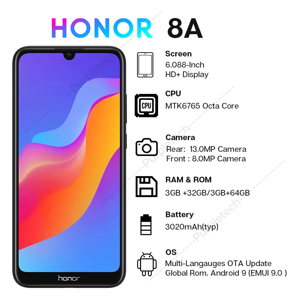  Global Rom Honor 8A Smartphone 6.09''RAM3GB ROM32GB/64GB MTK6765 Octa Core Android 9.0 3020mAh Face