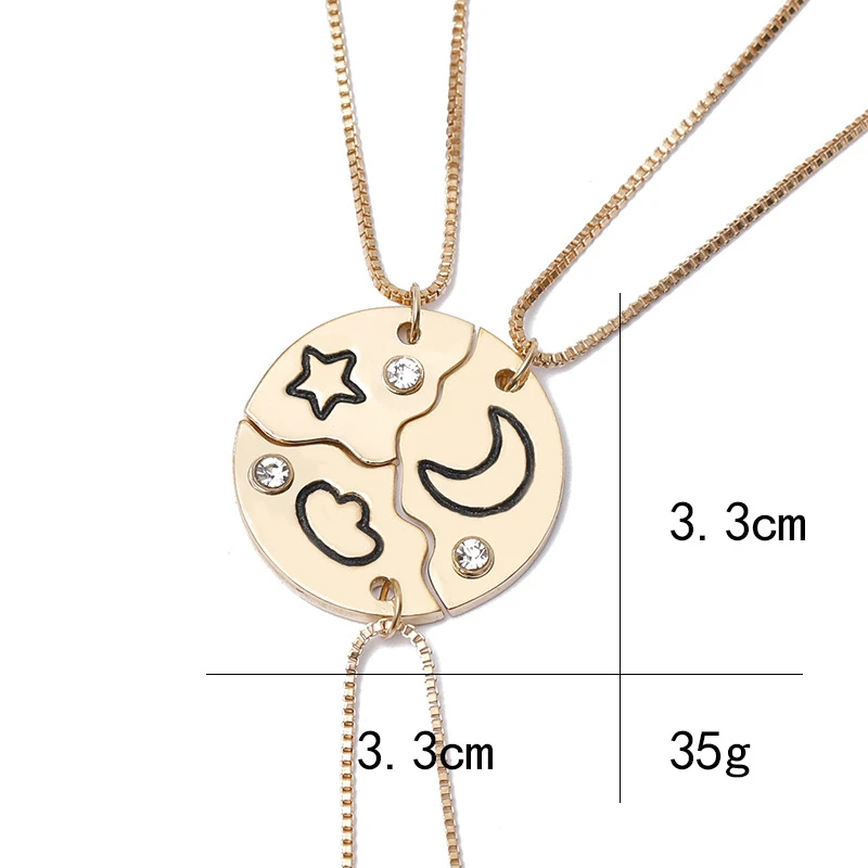 3 Pcs Best Friend Necklaces Set For Women Star Moon Pendant Chain Necklace Bff Choker Girl's Gift Rhinestone Letter Necklaces