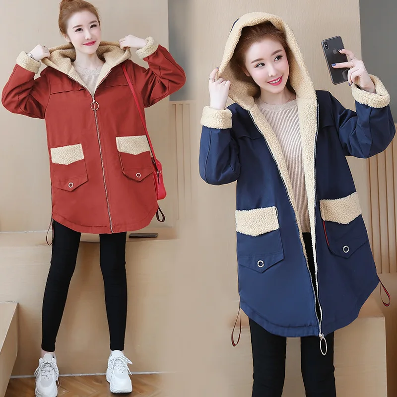 

2019 Winter New Style Brushed And Thick Large Size Fat Mm Loose-Fit Slimming Lambs Wool Mid-length Hooded Coat Women's Winter