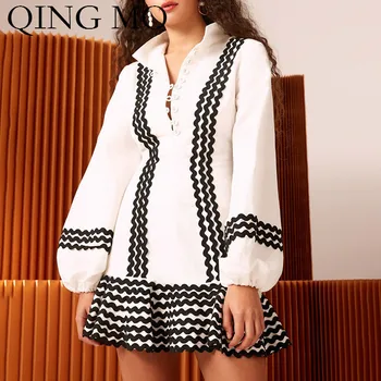 

QING MO White Women Waves Striped Dress 2020 Summer Women Temperament Dress Turn-down Collar Puff Sleeve Dress ZQY1121