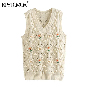 

KPYTOMOA Women 2020 Sweet Fashion Floral Appliques Knitted Vest Sweater Vintage V Neck Sleeveless Female Waistcoat Chic Tops