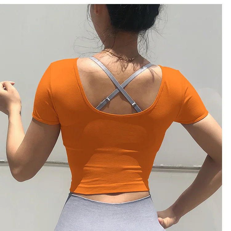 Топ для йоги, бесшовная рубашка для йоги с коротким рукавом, укороченный Топ для женщин, Спортивная рубашка для спортзала, женская футболка для спортзала, 10 цветов - Цвет: U back Orange