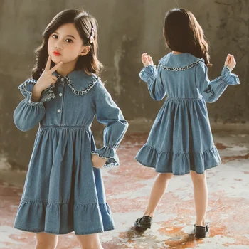 

Spring Autumn Dresses for School Girls New Brand Princess Leopard Print Pencil Dress for Children Denim Jackets Dresses Clothes