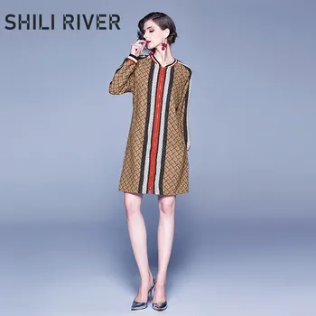 

New spring autumn mini dress for women long sleeve loose straight casual elegant print brown zipper vintage pocket short dress
