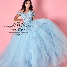 Синий сладкий 16 бальное платье Бальные платья с открытыми плечами 3D Цветочный Маскарад размера плюс день рождения vestido 15 anos