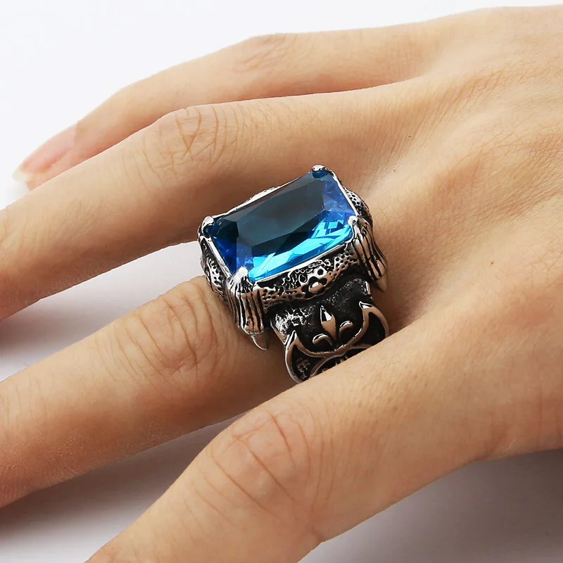 Men Vintage Dragon Claw Ring Titanium Steel Ring Black/red Cz