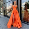 2022 New Arrival Deep V Neck Long Prom Dresses Satin Gold Vestidos De Festa Sexy Evening Party Dress High Slit With Pocket ► Photo 3/5