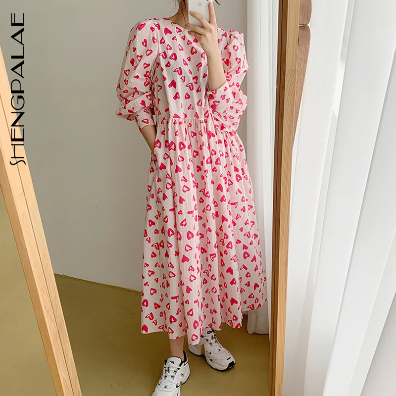 SHENGPALAE 2020 Новинка Весна круглый воротник длинный рукав красный милый Принт Vestidos
