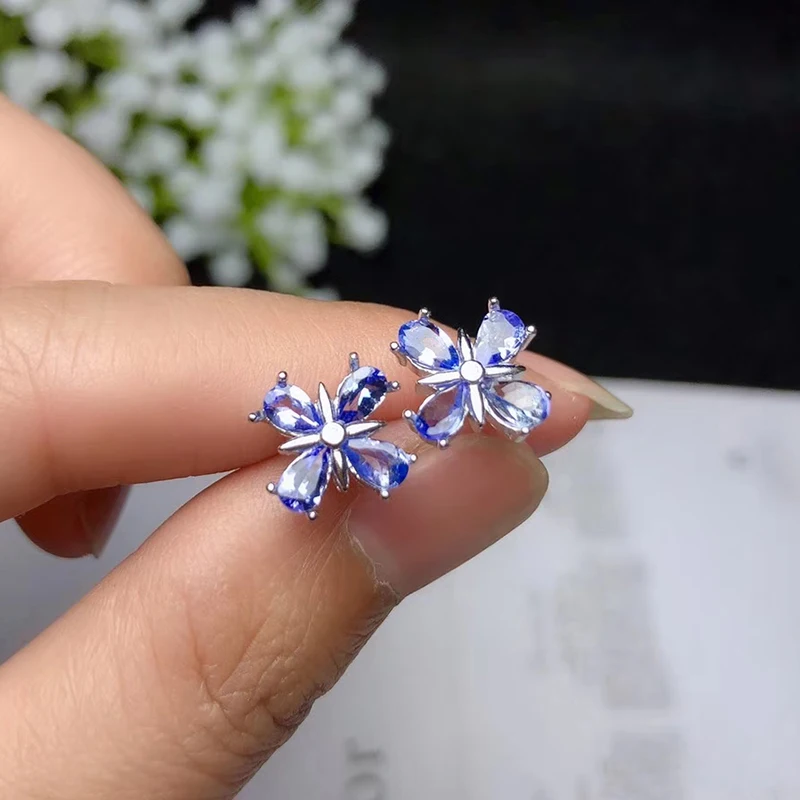 Серьги гвоздики из 100% натурального танзанита 3 мм * 5 серебряные серьги класса VS 925