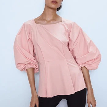 

2019 Autumn New European Retro Square Collar Puff Sleeve Pink Shirt Pleated Decoration Long Sleeve Womens Tops and Blouses