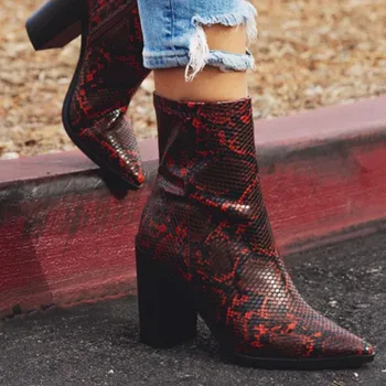 

Snake Print Women Ankle Boots Gothic Genuine Leather 2019 Winter Red Zip Pointed Toe Chelsea Boots Sexy High Heels Woman Shoes
