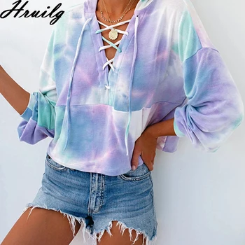 

Hoodies Women Oversize Long Sleeve VNeck CrissCross Lacing Up Women Sweatshirt Tie Dye Pocket Streetwear Hoodies Womens Champion