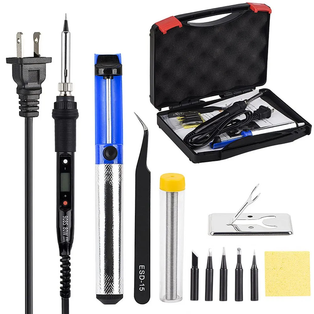 

Soldering Iron Kits 80W 220V Adjustable Temperature LCD Solder Welding Tools Desoldering Pump Heater Soldering Iron Tips 908S-23