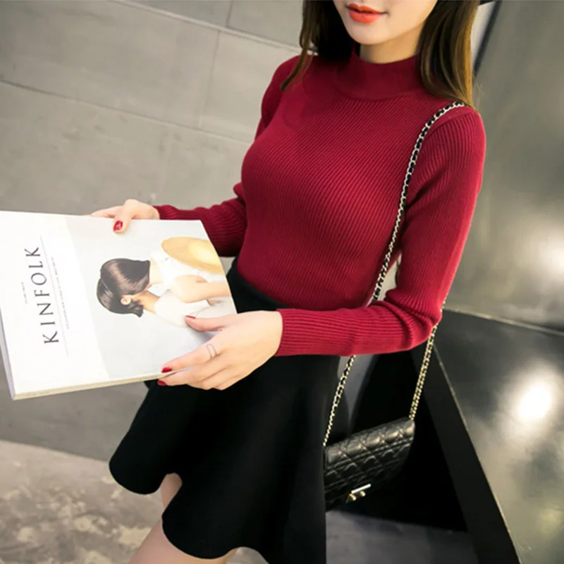 2019 Women Knitted Sweater Autumn/Winter Half-High Collar Slim Was Thin Long-Sleeved Shirt Sweater Outerwear Women Casual 2019 Women Knitted Sweater Autumn/Winter Half-High Collar Slim Was Thin Long-Sleeved Shirt Sweater Outerwear Women Casual