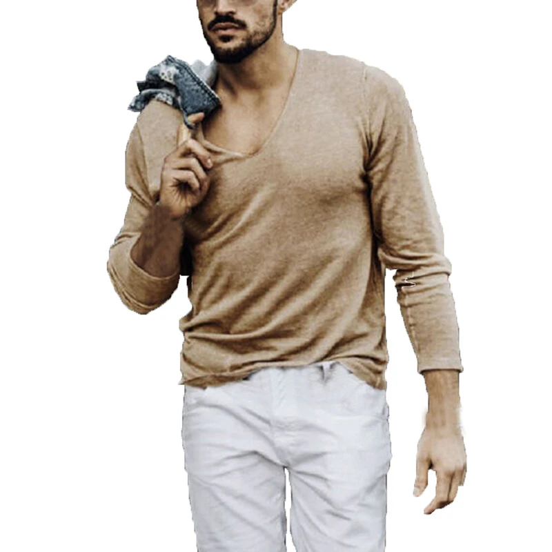 Осенние мужские сексуальные свитера с v-образным вырезом, пуловер, мужской однотонный облегающий свитер цвета хаки, желтый, топы, вязаные пуловеры, S-2XL