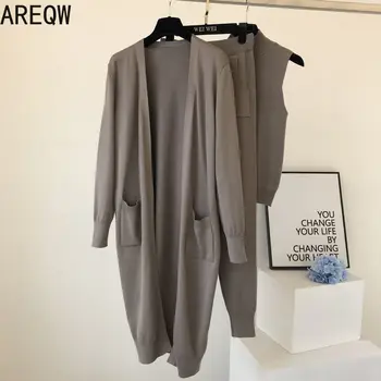 

2020 Autumn New European Style Gentle Sophisticated Long Cardigans+ Vest + Casual Pants Three-Piece Set Sweat Suits Women