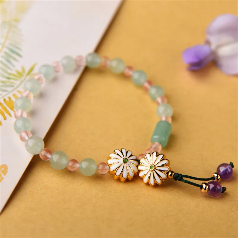 

Jade Women's Bracelet Charm Amethyst Natural Stone Beads Bracelet Jewelry 14K Gold Color Flower energy Bangles Gift For Ladies