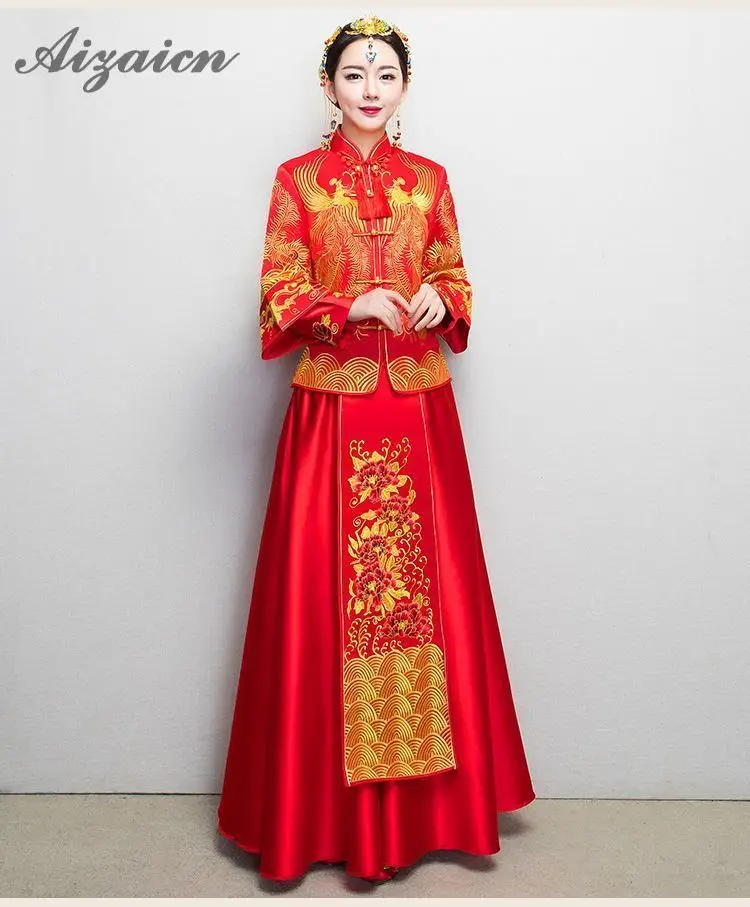 Новый китайский Cheongsam красный Qipao невесты свадебное платье для женщин феникс вышивка традиционный вечернее Женская мода узор