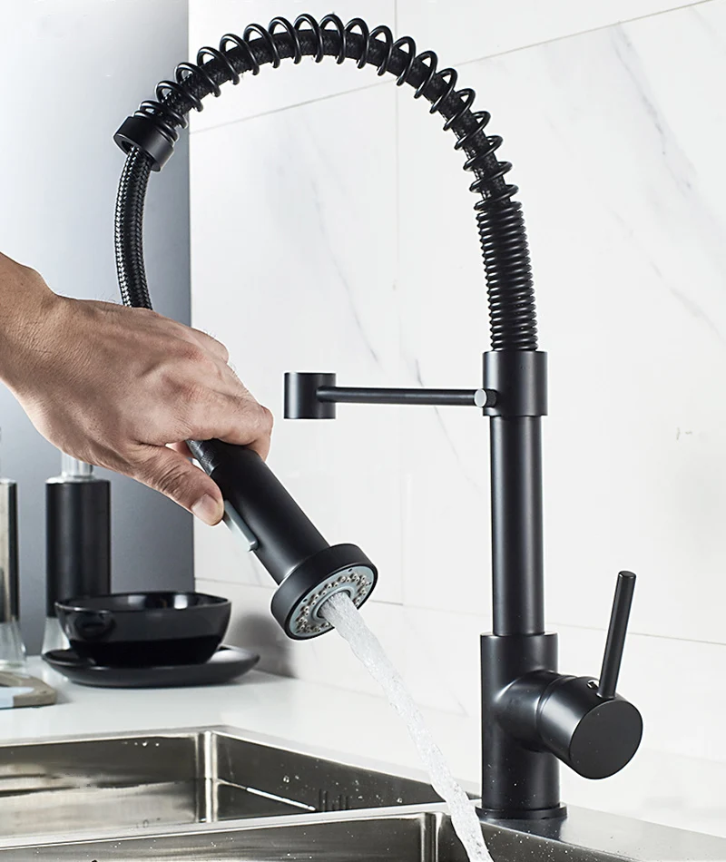 Black Kitchen Faucet Water-Tap Cold-Mixer Pull-Out Brass Single-Handle-Hole 360-Degree