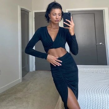

Autumn Stacked Female Cotton Matching Outfit 2020 Cross V-Neck Crop Top&Slit Skirt 2piece Casual Activity Woman Basic Set